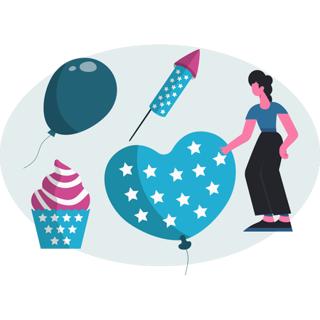 Woman pointing celebration cap cake  Illustration