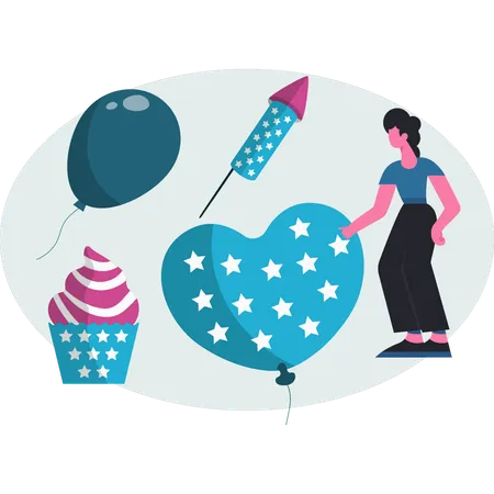 Woman pointing celebration cap cake  Illustration