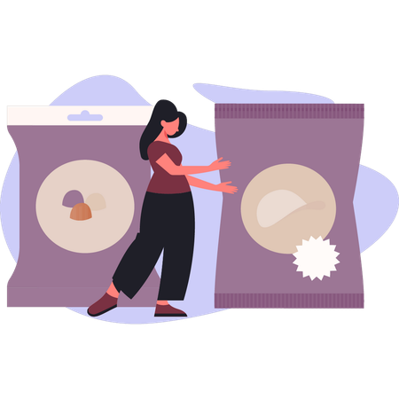 Woman  pointing chips packet  Illustration