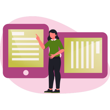 Woman pointing computer chip  Illustration