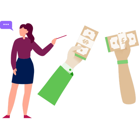 Woman pointing dollar currency  Illustration