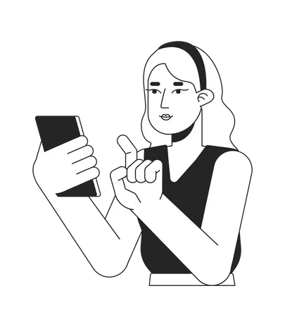 Woman Pointing Finger On Smartphone Flat Line Black White Vector Character Editable Outline Half Body Person Working On Smartphone Simple Cartoon Isolated Spot Illustration For Web Graphic Design Illustration
