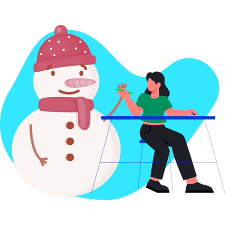 Woman pointing funny snowman  Illustration