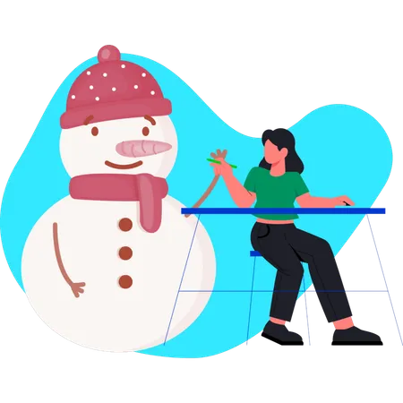 Woman pointing funny snowman  Illustration