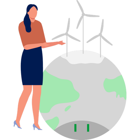 Woman pointing global wind mill  Illustration