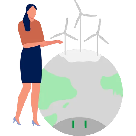 Woman pointing global wind mill  Illustration