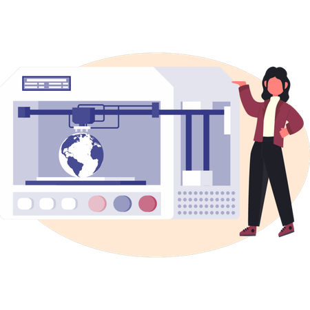 Woman pointing globe in 3D printer  Illustration