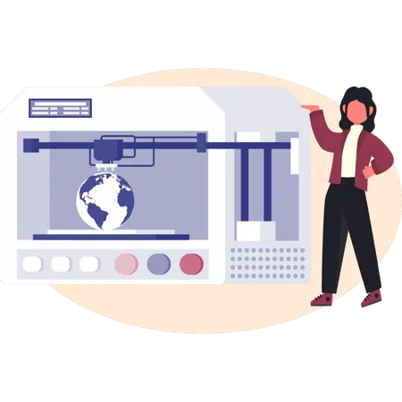 Woman pointing globe in 3D printer  Illustration