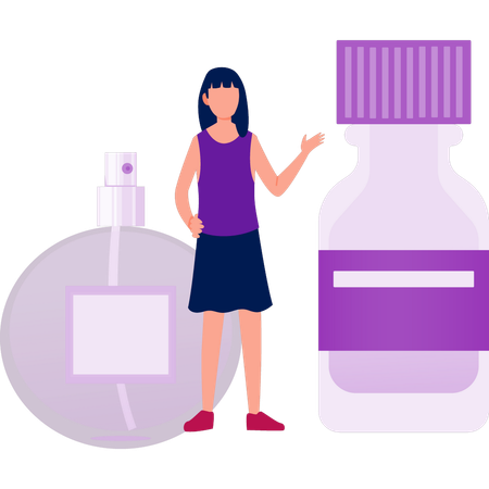 Woman pointing hair care product  Illustration