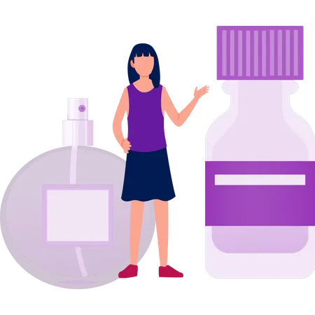Woman pointing hair care product  Illustration