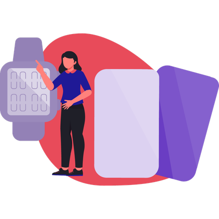 Woman pointing hand watch  Illustration