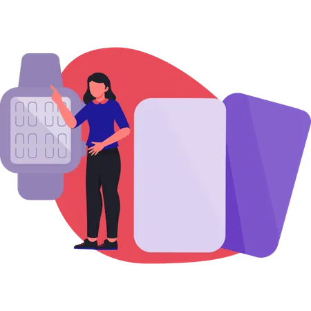 Woman pointing hand watch  Illustration