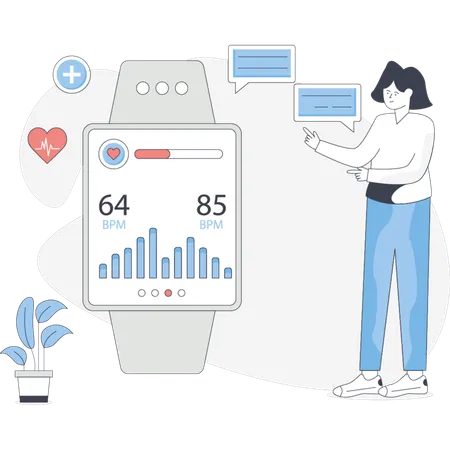 Woman  pointing health care watch  Illustration