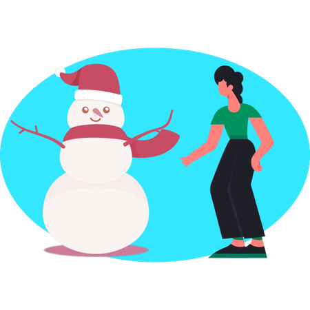 Woman pointing kawaii snowman in park  Illustration