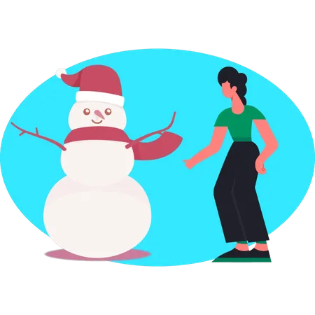 Woman pointing kawaii snowman in park  Illustration