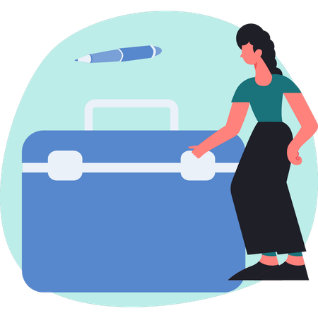 Woman pointing laptop bag  Illustration