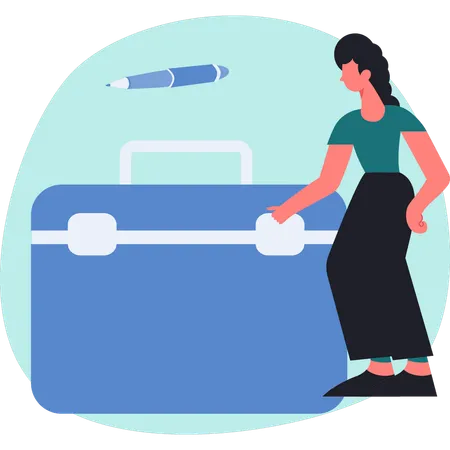 Woman pointing laptop bag  Illustration