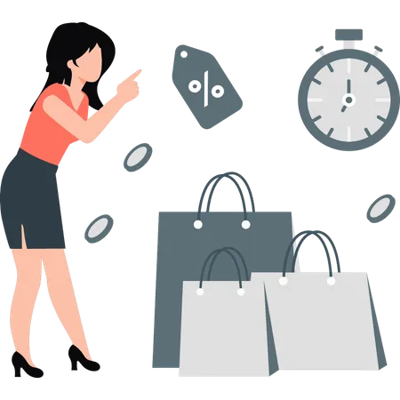 Woman pointing  shopping discount  Illustration