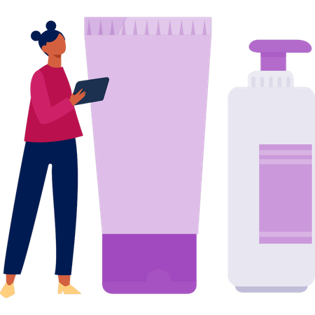 Woman pointing skincare bottle  Illustration