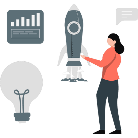 Woman pointing startup rocket  Illustration