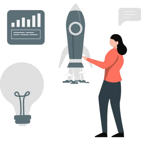 Woman pointing startup rocket  Illustration