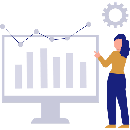 Woman pointing to bar graph on monitor  Illustration