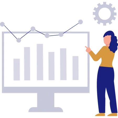 Woman pointing to bar graph on monitor  Illustration