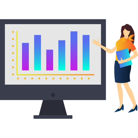 Woman pointing to bar graph on screen  Illustration