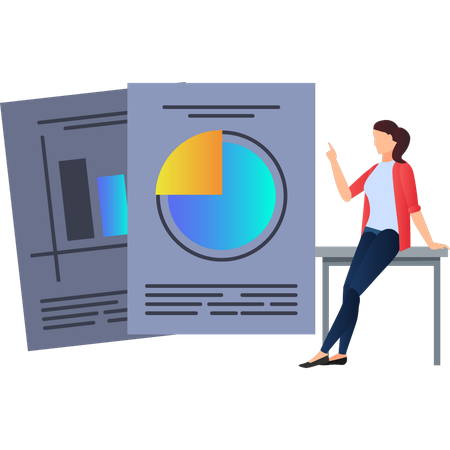 Woman pointing to business pie chart on paper  Illustration