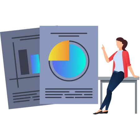 Girl Pointing To Business Pie Chart On Paper Illustration