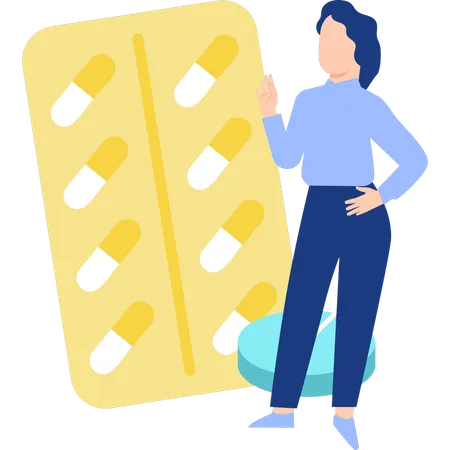Woman pointing to capsule strip  Illustration