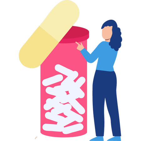 Woman pointing to capsules jar  Illustration