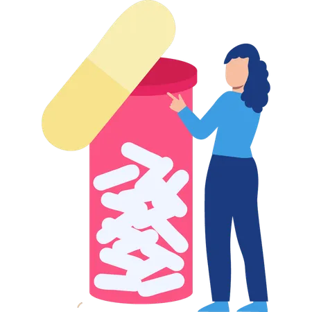 Woman pointing to capsules jar  Illustration