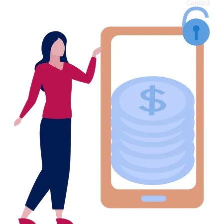 Woman pointing to coins on mobile  Illustration