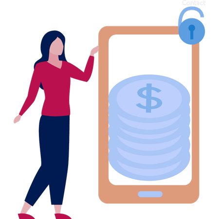 Woman pointing to coins on mobile  Illustration