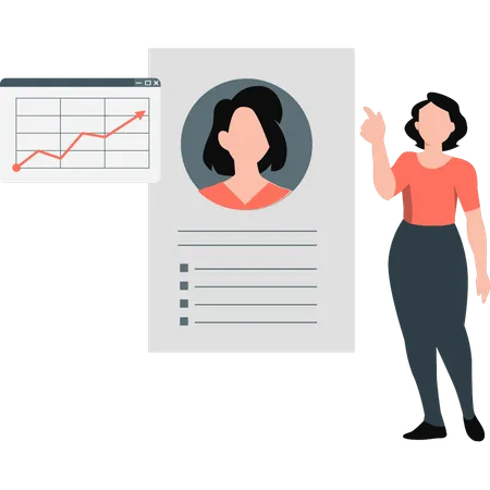 Woman pointing to CV on paper  Illustration
