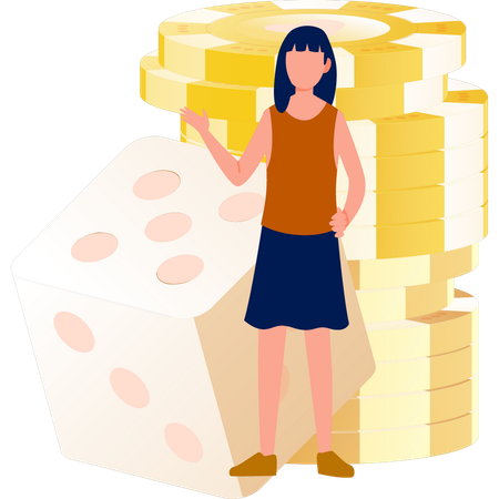 Woman pointing to dice  Illustration
