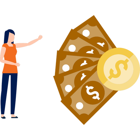 Woman pointing to dollar notes  Illustration