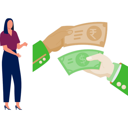 Woman pointing to exchange currency  Illustration