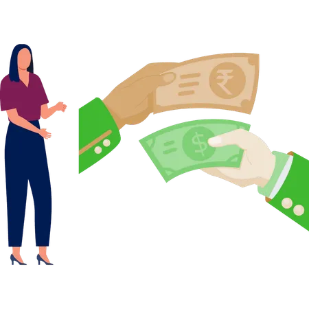 Woman pointing to exchange currency  Illustration