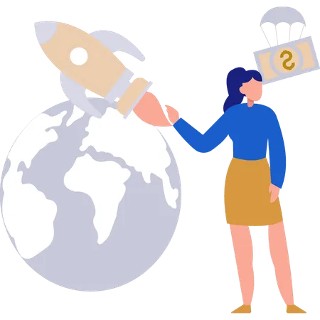 Woman pointing to global startup of business  Illustration