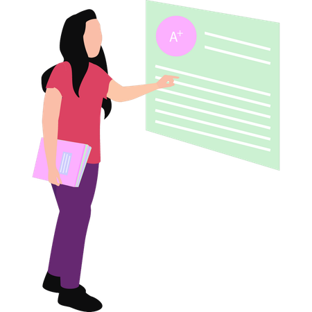 Woman pointing to grade on paper  Illustration
