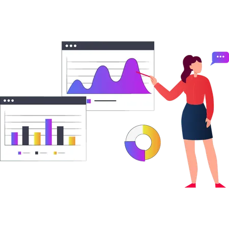 Girl Is Pointing To Graph Analytics Illustration