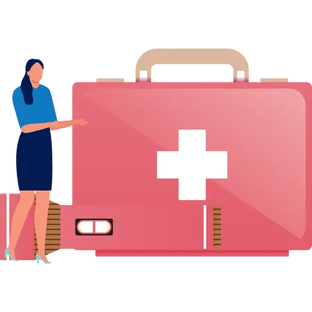 The Female Is Pointing To The Healthcare Kit Illustration