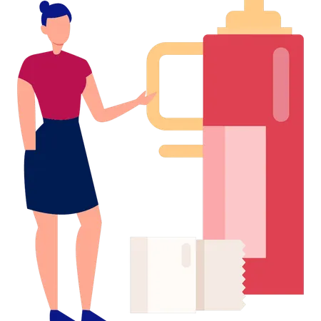 Woman Pointing To Medical Thermos  Illustration