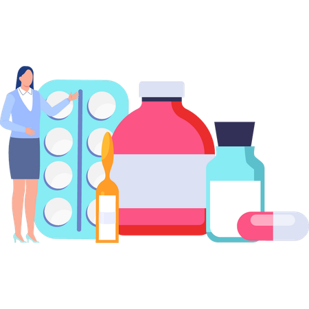 Woman pointing to  medicines  Illustration