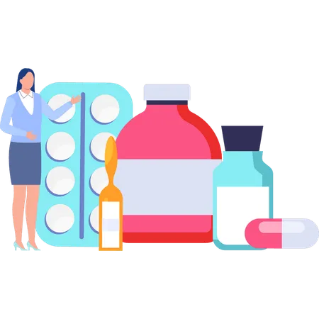 Woman pointing to  medicines  Illustration
