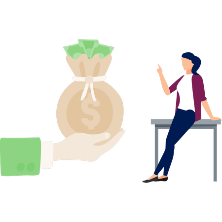 Woman pointing to money in hand  Illustration