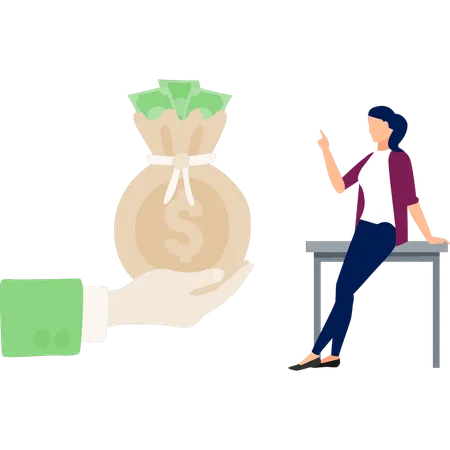 Woman pointing to money in hand  Illustration