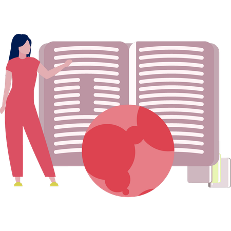 Woman pointing to open book  Illustration